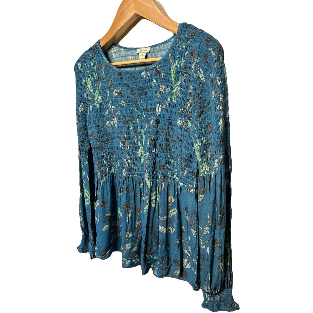 Sundance Fit and Flare Lightweight Blouse Blue Floral Women's Size Small